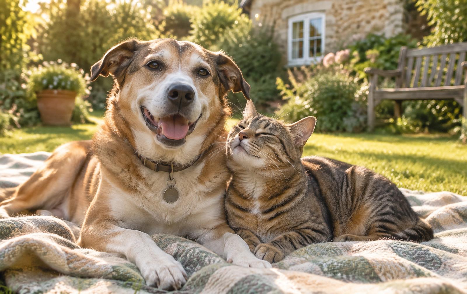 A rescue dog and cat resting together in a sunny garden